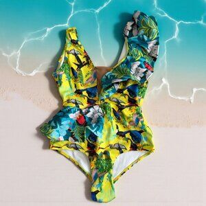 DINA MEDINA Tropical Ruffle Sleeve Bathing Suit Swimsuit Size Large